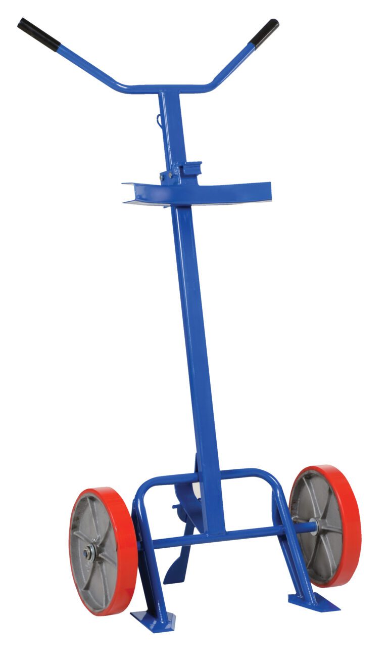 DBT-1200-P_A.jpg The Vestil Poly-On-Steel Barrel/Drum Truck 800 Lb is a blue hand truck with red-edged wheels, a tall handle, and a flat base, ideal for easily transporting heavy or bulky items.