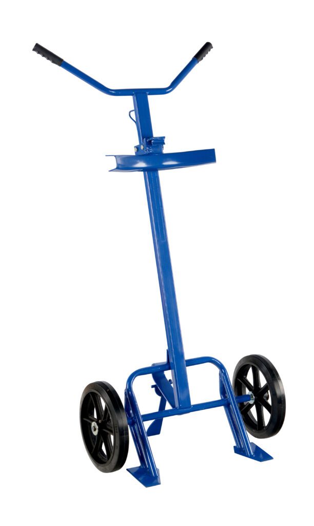 The Vestil Rubber-On-Steel Barrel/Drum Truck 800 Lb is a blue hand truck with two black wheels and a handlebar, designed for easy item transport. Its sturdy frame includes a central support and loading platform, capable of handling up to 800 lbs.