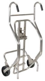 The Vestil Stainless Steel Drum Truck (Deluxe) offers a sturdy metallic frame with two black wheels and curved handles, ensuring secure and efficient transport.