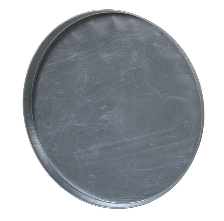 A round serving tray made of silver metal, similar to the Vestil Closed Head Galvanized Drum Cover, is shown from above. It features a smooth surface, slightly raised edges, subtle scratches, and a matte finish.