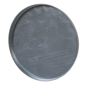 A round serving tray made of silver metal, similar to the Vestil Closed Head Galvanized Drum Cover, is shown from above. It features a smooth surface, slightly raised edges, subtle scratches, and a matte finish.