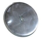 A round stainless steel pot lid mirrors the Vestil Open Head Galvanized Drum Cover W/Handle, with a central grip. Its glossy surface beautifully reflects light, and subtle markings add character.