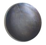 A round, metallic object with visible scratches and a subtle gray-to-blue gradient resembling a Vestil Open Head Galvanized Drum Cover has a flat, neutral appearance.
