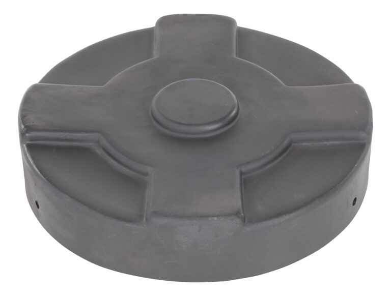 DC-P-30-BK_A.jpg The Vestil Black Drum Cover 30 Gallon is a round, military-style object with a gray color, featuring a raised center and three evenly spaced segments. Its smooth, sturdy surface ensures durability.