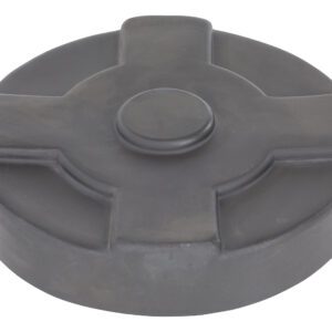 The Vestil Black Drum Cover 30 Gallon is a round, military-style object with a gray color, featuring a raised center and three evenly spaced segments. Its smooth, sturdy surface ensures durability.