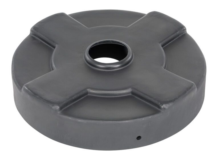 A black, round weight plate with a center hole and raised cross design reminiscent of the Vestil Drum Recycling Lid 30 Gal Drum Black.