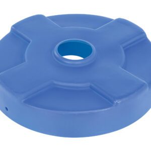 A blue, circular plastic item with a raised cross design and central hole, resembling the Vestil Drum Recycling Lid 30 Gal Drum Blue, it ensures compatibility and streamlines recycling.