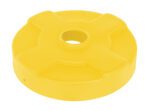 The Vestil Drum Recycling Lid for a 30-gallon drum is a bright yellow, plastic circular object with a central hole and four evenly spaced ridges, resembling a large puck or weight plate.