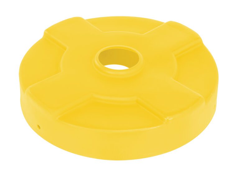 The Vestil Drum Recycling Lid for a 30-gallon drum is a bright yellow, plastic circular object with a central hole and four evenly spaced ridges, resembling a large puck or weight plate.