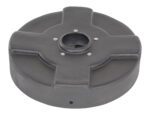 The Vestil Drum Recycling Lid Flaps 30 Gal Black is a round, black plastic lid for a 30-gallon drum. It has a central opening, four cross-like flaps, and five visible screws. The surface is smooth and slightly reflective.