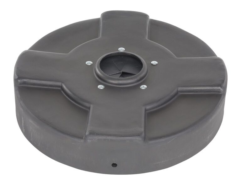 DC-P-30-CANF-BK_A.jpg The Vestil Drum Recycling Lid Flaps 30 Gal Black is a round, black plastic lid for a 30-gallon drum. It has a central opening, four cross-like flaps, and five visible screws. The surface is smooth and slightly reflective.
