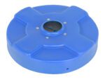 The Vestil Drum Recycling Lid Flaps 30 Gal Blue is a round plastic lid with an X-shaped design, a small circular opening with a black flap at the center, and it is secured by four silver screws. Its designed for use with 30-gallon drums.