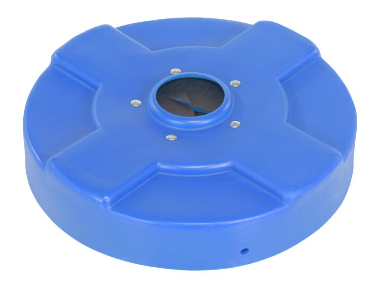 The Vestil Drum Recycling Lid Flaps 30 Gal Blue is a round plastic lid with an X-shaped design, a small circular opening with a black flap at the center, and it is secured by four silver screws. Its designed for use with 30-gallon drums.