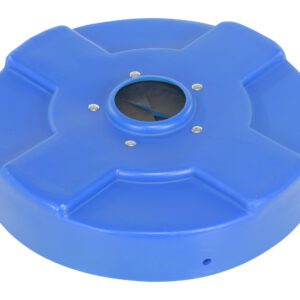 The Vestil Drum Recycling Lid Flaps 30 Gal Blue is a round plastic lid with an X-shaped design, a small circular opening with a black flap at the center, and it is secured by four silver screws. Its designed for use with 30-gallon drums.