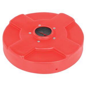 The Vestil Drum Recyc Lid Flap 30 Gal (Closed) in red is a round lid featuring an X embossed on top and a central black circle bordered by silver bolts, emphasizing its functional industrial or mechanical design.