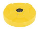 The Vestil Drum Recyc Lid Flap 30 Gal (Closed) Yellow features a circular design with an X-shaped raised pattern and a central black opening secured by four screws, ensuring it stays closed.