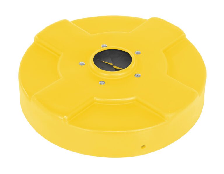 DC-P-30-CANF-YL_A.jpg The Vestil Drum Recyc Lid Flap 30 Gal (Closed) Yellow features a circular design with an X-shaped raised pattern and a central black opening secured by four screws, ensuring it stays closed.