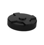 The Vestil Black Drum Cover 55 Gallon features a circular black plastic lid with a cross pattern, viewed at an angle against a white background.
