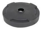 A black, circular, flat object made of plastic resembles the Vestil Drum Recycling Lid 55 Gal Drum Black. It has a central hole and four notches along the edge, indicating it might function as a base or stand for items like an umbrella.