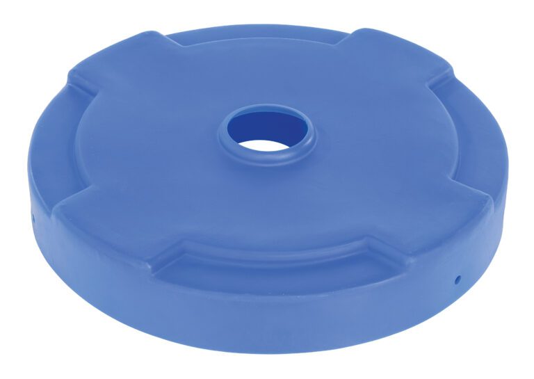 A blue, round rubber bumper with a central hole and four side protrusions resembles the Vestil Drum Recycling Lid 55 Gal Drum Blue. It features a smooth surface similar to an industrial component.