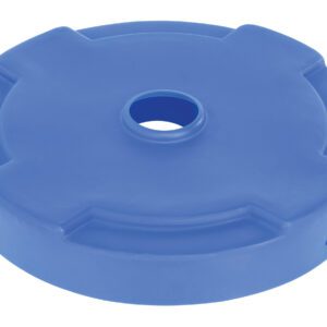 A blue, round rubber bumper with a central hole and four side protrusions resembles the Vestil Drum Recycling Lid 55 Gal Drum Blue. It features a smooth surface similar to an industrial component.