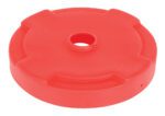 A red, round plastic piece resembling a washer or spacer with a central hole and four raised sections along the rim mirrors the precise design of the Vestil Drum Recycling Lid 55 Gal Drum Red.