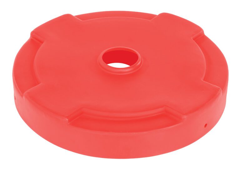 A red, round plastic piece resembling a washer or spacer with a central hole and four raised sections along the rim mirrors the precise design of the Vestil Drum Recycling Lid 55 Gal Drum Red.