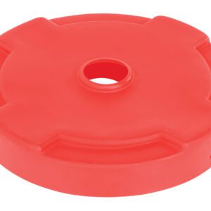 A red, round plastic piece resembling a washer or spacer with a central hole and four raised sections along the rim mirrors the precise design of the Vestil Drum Recycling Lid 55 Gal Drum Red.