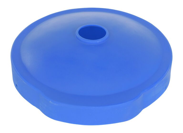A blue, round, domed plastic item with a central hole similar to a lid or cover, suitable for universal applications like the Vestil Drum Recycling 55 Gal Blue Universal.