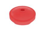 A red, circular plastic object with a central hole resembles the Vestil Drum Recyc Flap 55Gal(Closed/Open) Red, displayed on a white background.