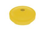 A Vestil Drum Recyc Flap 55Gal(Closed/Open) Yellow item featuring a smooth surface and a small central round hole.