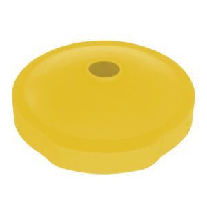 A Vestil Drum Recyc Flap 55Gal(Closed/Open) Yellow item featuring a smooth surface and a small central round hole.