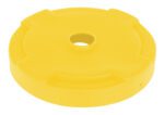 A bright yellow, circular plastic weight with a central hole for an umbrella stand, reminiscent of the Vestil Drum Recycling Lid 55 Gal Drum Yellow, features four recessed sections along the edges for a distinctive shape.