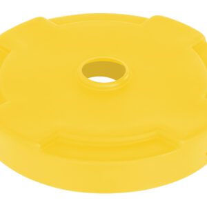 A bright yellow, circular plastic weight with a central hole for an umbrella stand, reminiscent of the Vestil Drum Recycling Lid 55 Gal Drum Yellow, features four recessed sections along the edges for a distinctive shape.