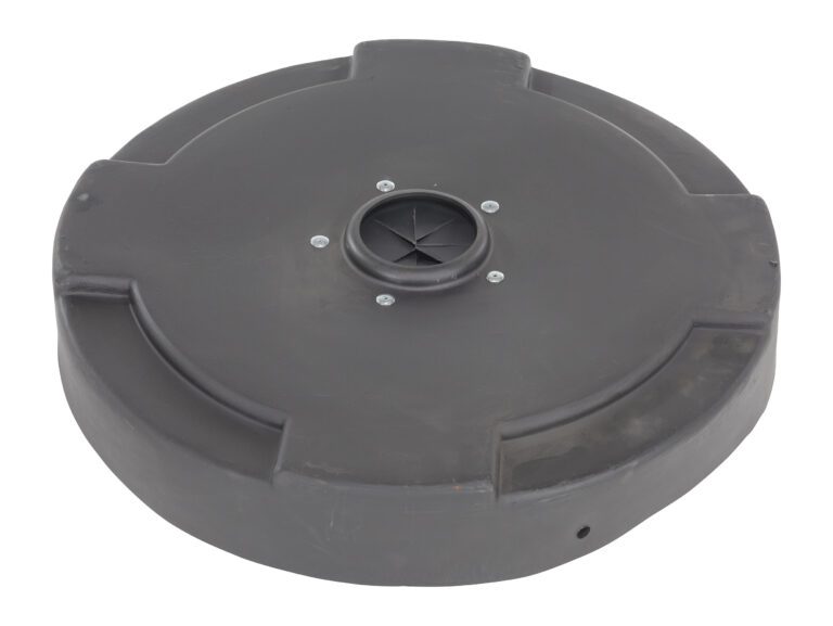 DC-P-55-CANF-BK_A.jpg A smooth, round black plastic object with a central vent-like opening resembles the Vestil Drum Recycling Lid Flaps 55 Gal Black. Secured by screws, its design features slightly raised flaps, offering the appearance of a sturdy cover.
