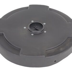A smooth, round black plastic object with a central vent-like opening resembles the Vestil Drum Recycling Lid Flaps 55 Gal Black. Secured by screws, its design features slightly raised flaps, offering the appearance of a sturdy cover.
