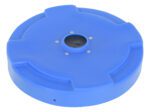 The Vestil Drum Recycling Lid Flaps 55 Gal Blue is round and blue with a circular opening and metal screws, featuring a flat top, slightly raised edges, and grooves for easy attachment to 55-gallon drums.