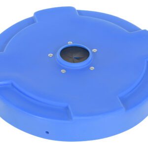The Vestil Drum Recycling Lid Flaps 55 Gal Blue is round and blue with a circular opening and metal screws, featuring a flat top, slightly raised edges, and grooves for easy attachment to 55-gallon drums.