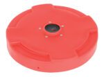 The Vestil Drum Recyc Lid Flap, designed for 55-gallon containers, is a red plastic lid with a central black gauge surrounded by four screws and raised grip sections for secure closure.