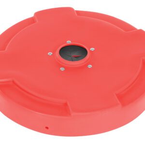 The Vestil Drum Recyc Lid Flap, designed for 55-gallon containers, is a red plastic lid with a central black gauge surrounded by four screws and raised grip sections for secure closure.