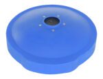 A blue plastic object with a dome shape and a circular black opening at the top, resembling a Vestil Drum Recycling Lid Flaps 55 Gal Blue Universal. It features four evenly placed silver screws around the opening, indicating its compatibility with 55-gallon drums.
