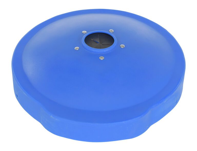 A blue plastic object with a dome shape and a circular black opening at the top, resembling a Vestil Drum Recycling Lid Flaps 55 Gal Blue Universal. It features four evenly placed silver screws around the opening, indicating its compatibility with 55-gallon drums.
