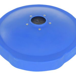 A blue plastic object with a dome shape and a circular black opening at the top, resembling a Vestil Drum Recycling Lid Flaps 55 Gal Blue Universal. It features four evenly placed silver screws around the opening, indicating its compatibility with 55-gallon drums.