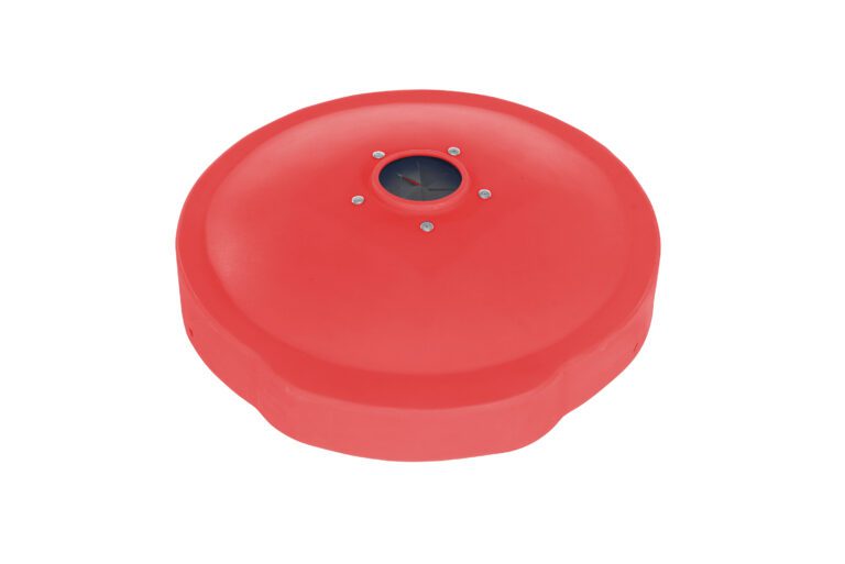 DC-P-55-CANF-UF-RD_A.jpg The red Vestil Drum Recyc Lid 55 Gal, with a smooth surface and central circular gauge on top, has a flat indented area around the gauge, indicating its industrial or plumbing design.