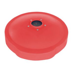 The red Vestil Drum Recyc Lid 55 Gal, with a smooth surface and central circular gauge on top, has a flat indented area around the gauge, indicating its industrial or plumbing design.
