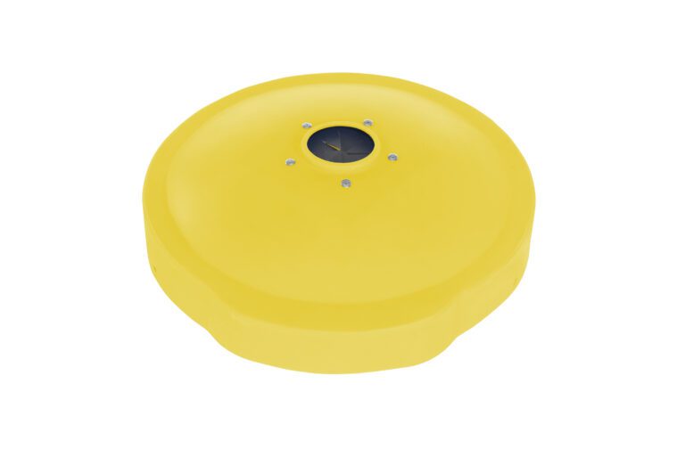 DC-P-55-CANF-UF-YL_A.jpg A yellow circular device resembling the Vestil Drum Recyc Lid 55 Gal(Closed/Open) with a slightly domed surface and central black component, secured by several small screws, exuding an industrial vibe.