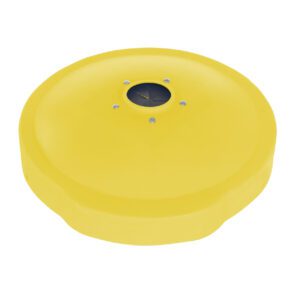 A yellow circular device resembling the Vestil Drum Recyc Lid 55 Gal(Closed/Open) with a slightly domed surface and central black component, secured by several small screws, exuding an industrial vibe.