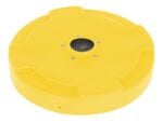 A bright yellow circular floating device with a central black compass-like instrument featuring a yellow arrow, inspired by the Vestil Drum Recyc Lid Flap 55 Gal(Closed) Yellow, has three raised edge sections and small bolts around the center.