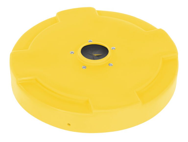 DC-P-55-CANF-YL_A.jpg A bright yellow circular floating device with a central black compass-like instrument featuring a yellow arrow, inspired by the Vestil Drum Recyc Lid Flap 55 Gal(Closed) Yellow, has three raised edge sections and small bolts around the center.