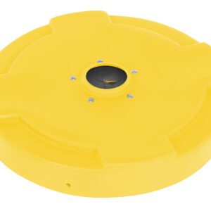 A bright yellow circular floating device with a central black compass-like instrument featuring a yellow arrow, inspired by the Vestil Drum Recyc Lid Flap 55 Gal(Closed) Yellow, has three raised edge sections and small bolts around the center.